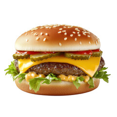 Cheeseburger with Sesame Seed Bun Lettuce Pickles Yellow Cheese and Ketchup isolated on a transparent background