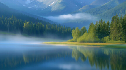 Obraz premium Tranquil mountain lake at dawn with mist and reflections