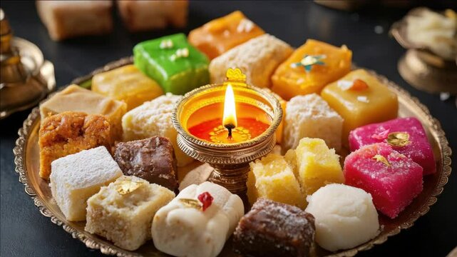 Colorful Indian sweets in a traditional round metal plate, with a lit candle adding to the festive ambiance.