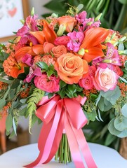 A lush and colorful bouquet featuring roses, lilies, and various flowers in shades of pink, orange, and coral, tied with a pink satin ribbon