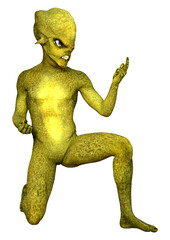 3D Rendering Green Alien on White