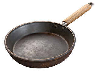 Empty frying pan with wooden handle isolated on transparent background