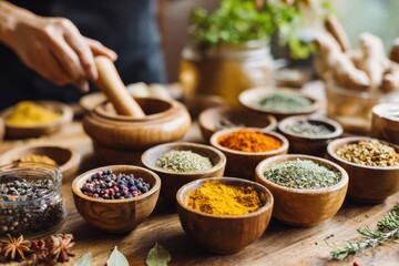 variety of traditional spices and herbs in open containers on a wooden table