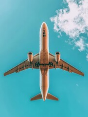 Commercial airliner soaring through a pristine turquoise sky with fluffy white clouds, showcasing the beauty of air travel and modern aviation technology