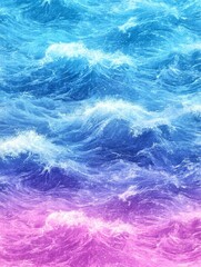 Dynamic illustration of ocean waves transitioning from deep blue to vibrant pink, creating a surreal and energetic seascape with white foam and splashes