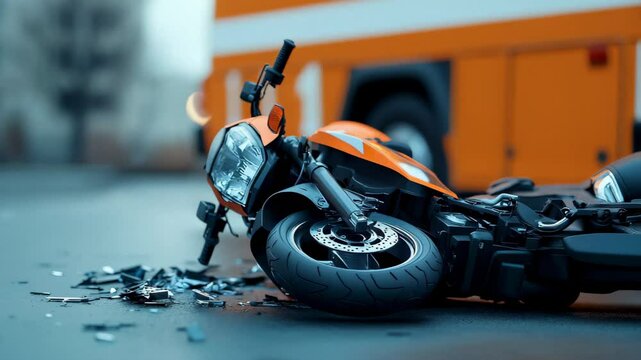 Crashed motorcycle lying on the road with shattered glass, near a large orange vehicle. Concept of traffic accident, road safety, emergency, collision, and transportation risk