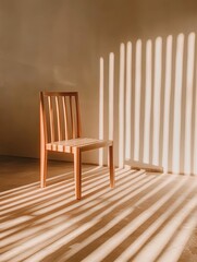 A minimalist wooden chair in a sunlit room, casting long parallel shadows on the floor, creating a striking geometric pattern