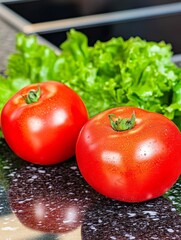 Two ripe, juicy tomatoes with water droplets, placed in front of crisp green lettuce leaves on a dark surface, showcasing fresh ingredients