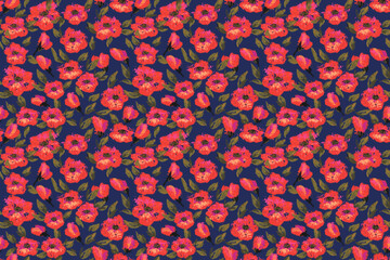 Seamless vector floral pattern with expressive red brushstroke flowers on a depp navy background. Artistic and bold, template for fabric, fashion design, and surface prints