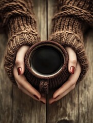 Female hands with red nails hold a coffee mug wrapped in a brown knitted cozy. The hands are clad in warm, chunky knit sleeves, creating a comforting winter mood