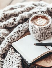 A knitted cup cozy holding a latte with leaf art, placed next to an open notebook and pen on a chunky knit blanket, creating a warm and inviting atmosphere