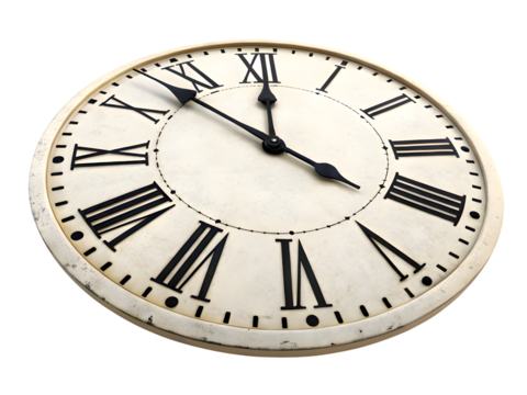 Round wall clock with Roman numerals isolated on white background