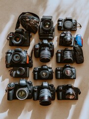 An array of professional digital cameras and lenses displayed on a light background, showcasing various models and equipment for photography enthusiasts