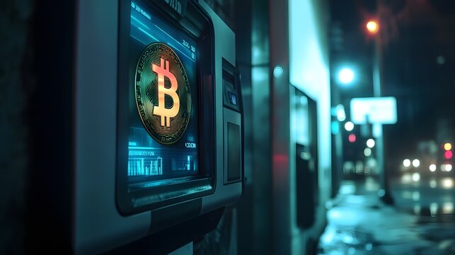 Bitcoin ATM in the City: A modern Bitcoin ATM gleams brightly against the backdrop of a vibrant cityscape at night, symbolizing the fusion of cryptocurrency and urban life. 