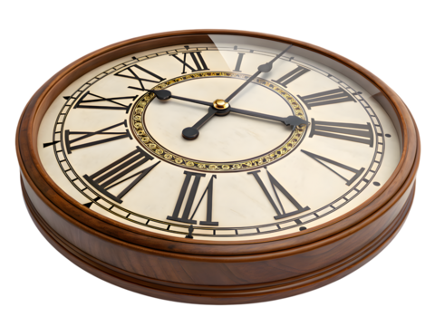 Round wall clock with Roman numerals isolated on white background