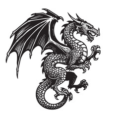 A majestic dragon vintage art silhouette in black and white demonstrating fantasy creature mythical legend