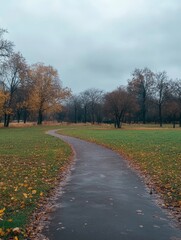 A curved pathway winds through a tranquil autumn park, surrounded by trees with golden foliage and a moody overcast sky, creating a serene atmosphere
