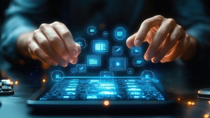 Person interacting with a futuristic digital interface projecting floating blue icons and data from a tablet screen in a dark environment