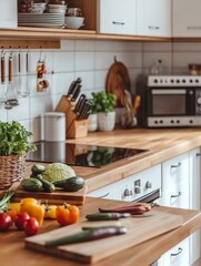 A stylish rustic kitchen with wooden countertops, white cabinets, and stainless steel appliances, showcasing fresh vegetables and herbs ready for cooking