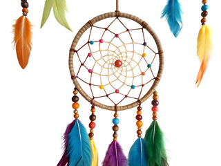 Handmade dreamcatcher with feathers isolated on white background