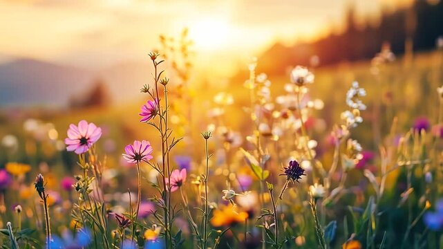 A vibrant wildflower meadow bathed in the golden light of sunset, showcasing a diverse array of colorful blooms and delicate stems
