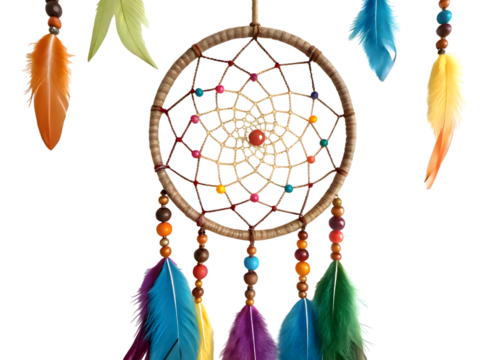 Handmade dreamcatcher with feathers isolated on white background - Powered by Adobe