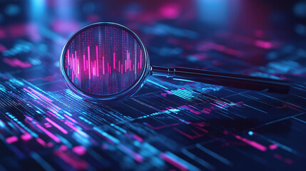 Analyzing financial business data with magnifying glass on clear and minimal blue backdrop