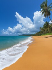 A pristine tropical beach with golden sand, turquoise water, and lush palm trees under a bright blue sky with fluffy white clouds, embodying the perfect vacation destination