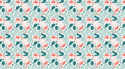 Obraz premium Abstract Organic Shapes Seamless Pattern - Playful Vector Background in Teal, Coral, and Mint