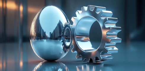 Two shiny metallic objects including a chrome egg and a large gear standing on a smooth surface with a blurred background and soft lighting reflecting on their surfaces