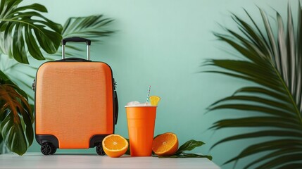 Bright orange suitcase next to a cold orange drink with ice and straw surrounded by fresh orange halves and green tropical leaves on a light turquoise background
