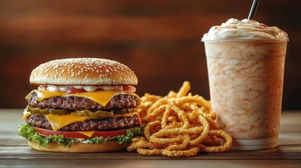 Double cheeseburger with lettuce, tomato, pickles, ketchup, and mayonnaise served with curly fries and a creamy whipped topping milkshake