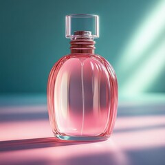 elegant translucent pink perfume bottle with clear cap on soft pastel surface with calming teal and pink background light
