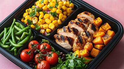 Grilled chicken breast and roasted butternut squash with green beans, cherry tomatoes, corn salad, and fresh greens in a black divided meal container