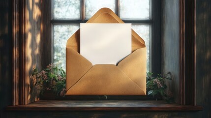Brown craft envelope with a blank white card inside placed on a wooden window sill with green plants and soft natural light casting shadows