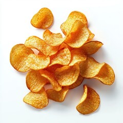 Close up of a pile of golden crispy potato chips on a white background showing texture and curves
