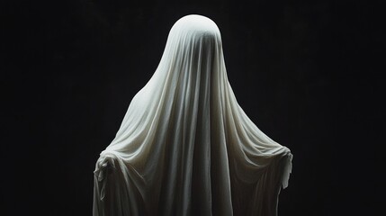 Figure covered in a white cloth standing against a dark background creating a ghostly and eerie atmosphere