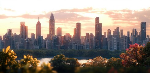 Modern city skyline at sunset with a river and lush green and autumn-colored trees in the foreground