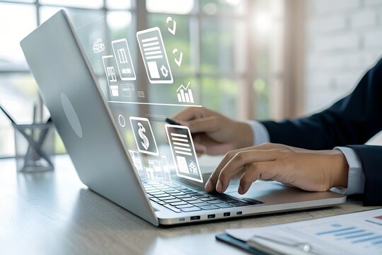 E-invoice and online digital statements concept, Electronic tax invoice. Businessman working with digital invoice management system on computer laptop.