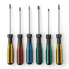 A neatly arranged set of screwdrivers with colorful handles on a clean white background in a studio shot