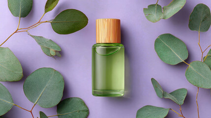 Eucalyptus Oil in Purple: An artistic, high-angle capture of a minimalist eucalyptus oil bottle and surrounding eucalyptus leaves against a pastel purple backdrop.