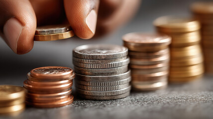 Financial growth concept shown by man placing coins on growing stack representing wealth increase