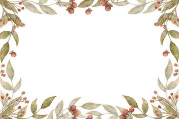 Frame watercolor illustration green branches leaves foliage, red berries. Template hand drawn on isolated background for design holiday, new year, christmas, autumn, postcard, packaging label poster