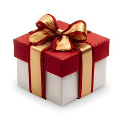 Festive Gift Box: A neatly wrapped gift box, adorned with a lustrous golden ribbon and bow, ready to give joy. Perfect for celebrating special occasions, evoking feelings of anticipation and delight.