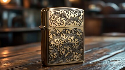 bronze-colored metallic lighter with intricate floral engravings placed on a wooden surface with warm ambient lighting