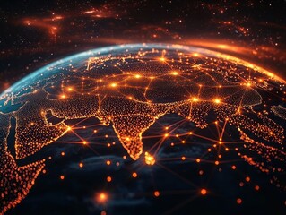 Glowing network connections over a digital representation of a continent at night showcasing illuminated cities and interconnected points symbolizing data and communication links