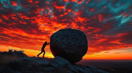 Silhouette of a person pushing a large round rock on rocky terrain during a vibrant fiery sunset with dramatic red and orange clouds