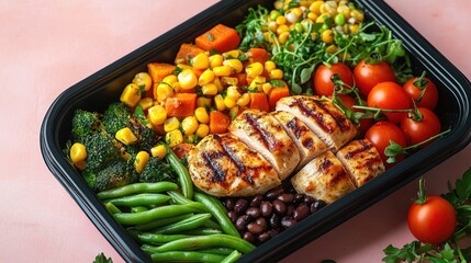 Healthy meal container with grilled chicken breast, fresh cherry tomatoes, black beans, green beans, broccoli, corn, diced carrots, and leafy greens on a pink surface