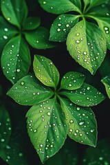 Close-up of vibrant green leaves covered with sparkling water droplets in natural light
