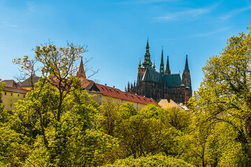 A view towards the western side of the castle complex and the cathedral  in Prague in springtime